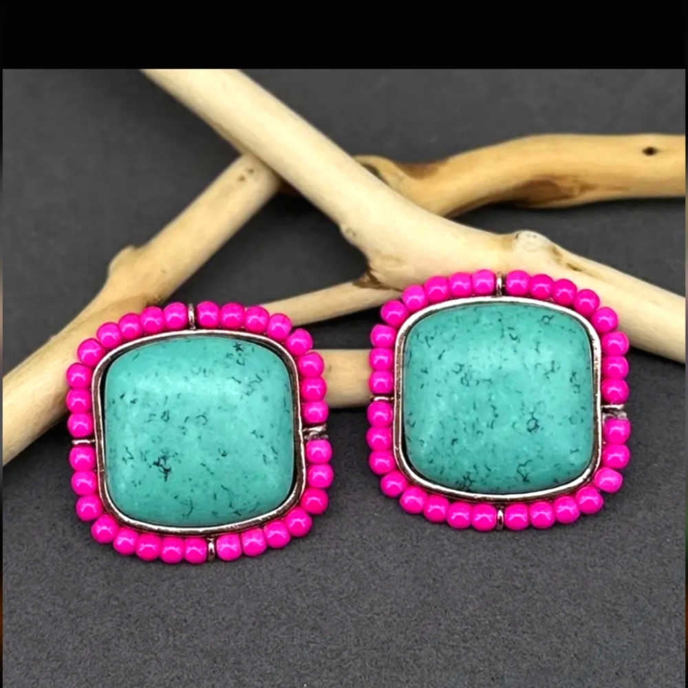 Turquoise Boho Pink Geometric Stud Earrings Western Vintage Stainless Steel